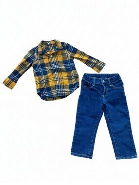 🔥5/$25🔥Gap Toddler Boy Plaid Flannel Shirt and Denim Jeans Set 18-24M